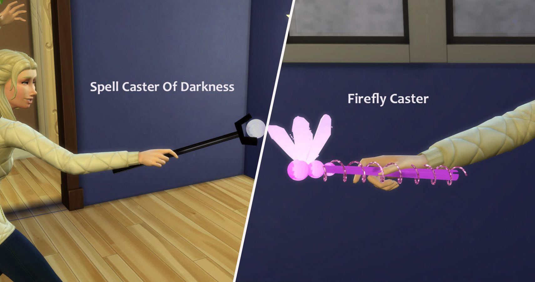 SPlit image left side a dark black wand, right side a pink firefly wand.