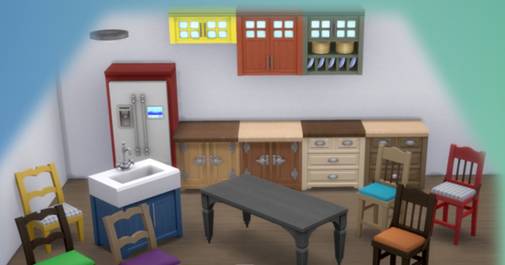 a selection of parenthood kitchen units, tables and chairs recolored.