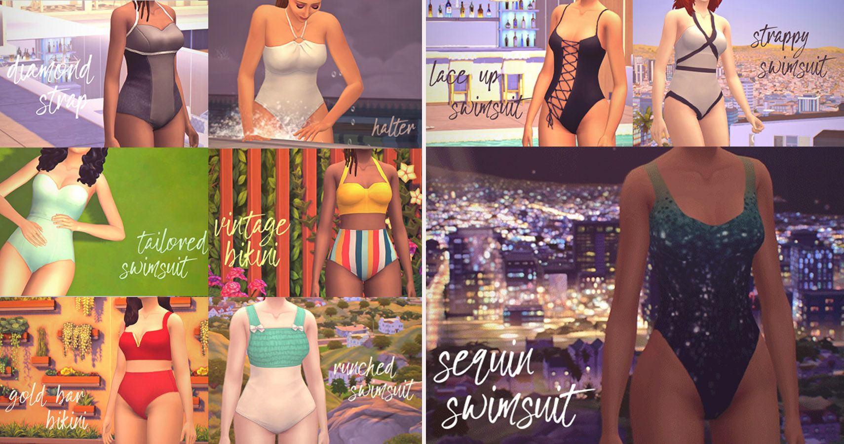 left side 6 swimsuit designs, right side 3 extra designs. All are on sims but don't shows heads or full length shots.