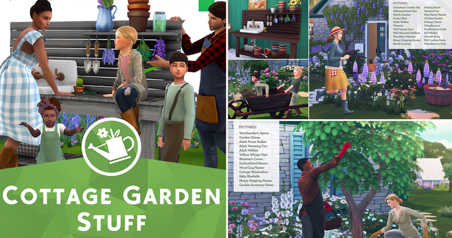 Left side stuff pack style cover with cottage items. Right side screenshots of the content including BB and CAS.