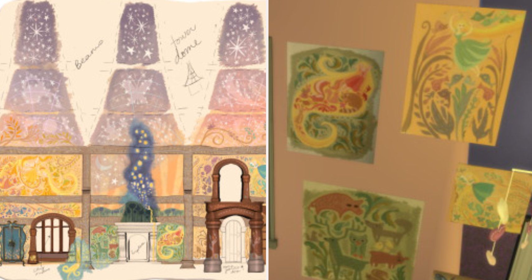 split image. On the left decals of tower blueprints, on the right tangled posters on a wall.