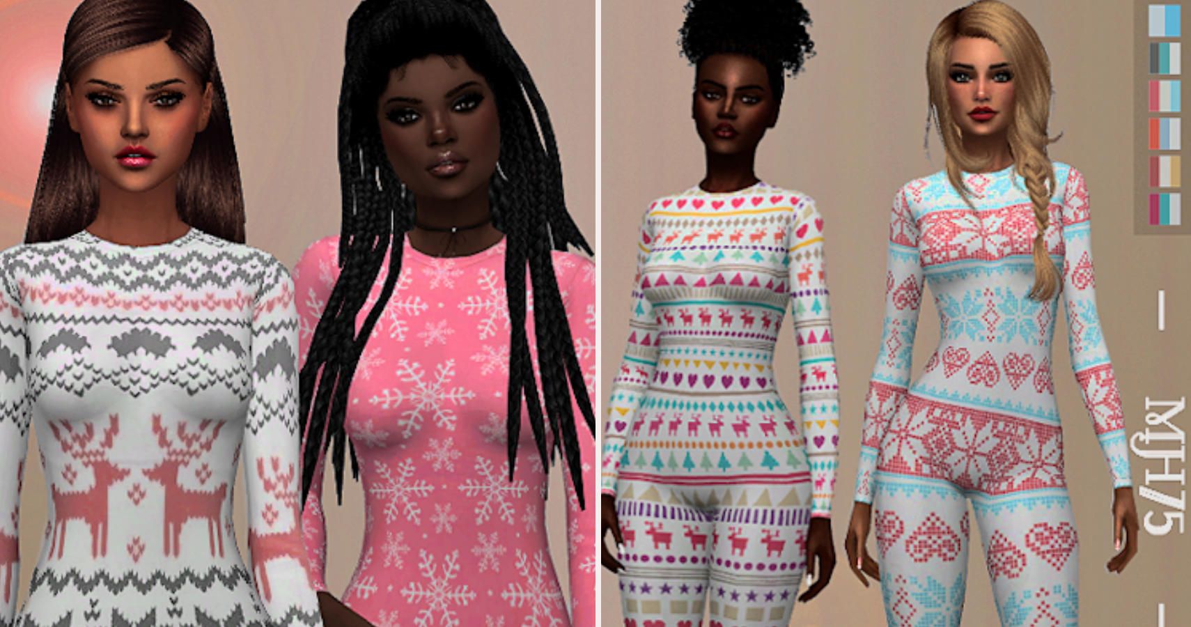left side close up of two sims in onesies, right side wider shot including swatches.
