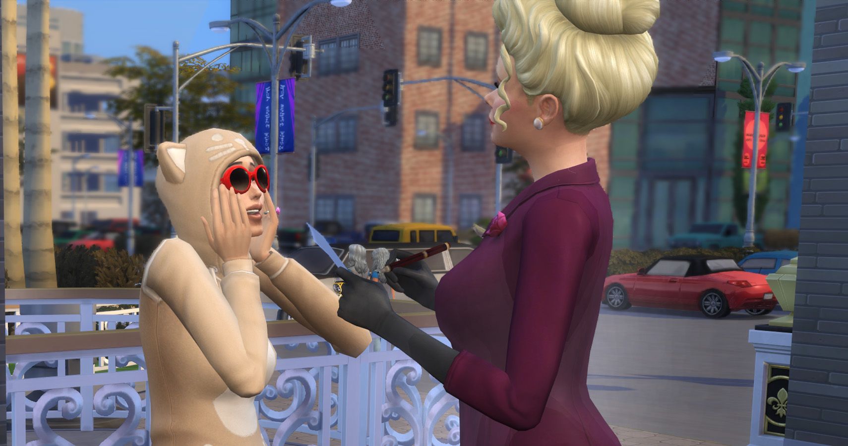 Judith Ward signing an autograph for a sim in a onesie in the sims 4 get famous for our sims 4 actor career guide