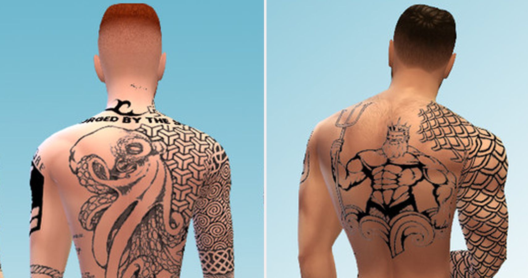 Left side octopus tattoo on a sims back. Right side nautical style tattoo on male sims back.