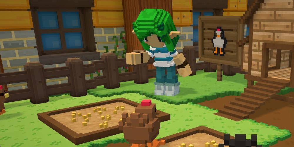 A 3D pixelated figure caring for chickens in Staxel