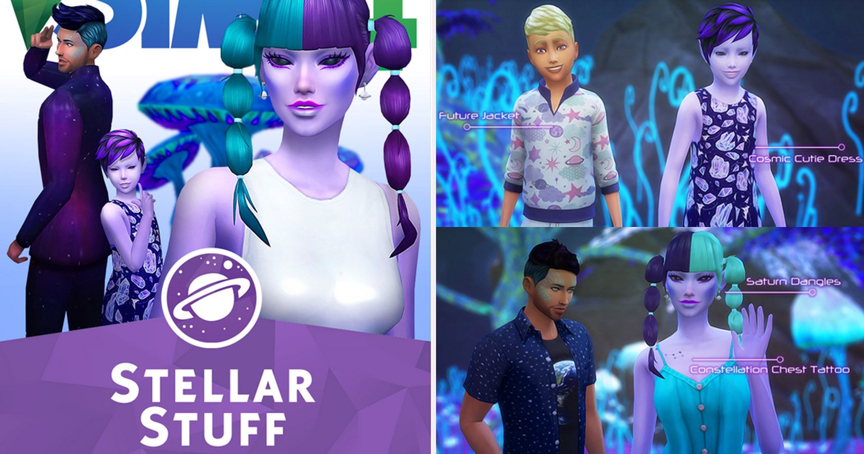 left side stuff pack style cover with alien sims. Right side wide shot of alien looking sims in cc clothing.