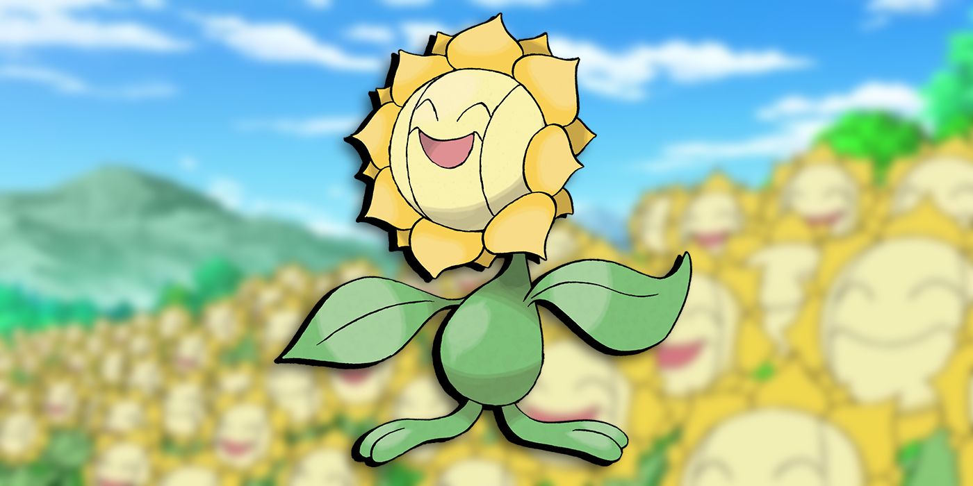 Pokemon: Sunflora Design Overlaid On An Image Of A Field Of Sunflora