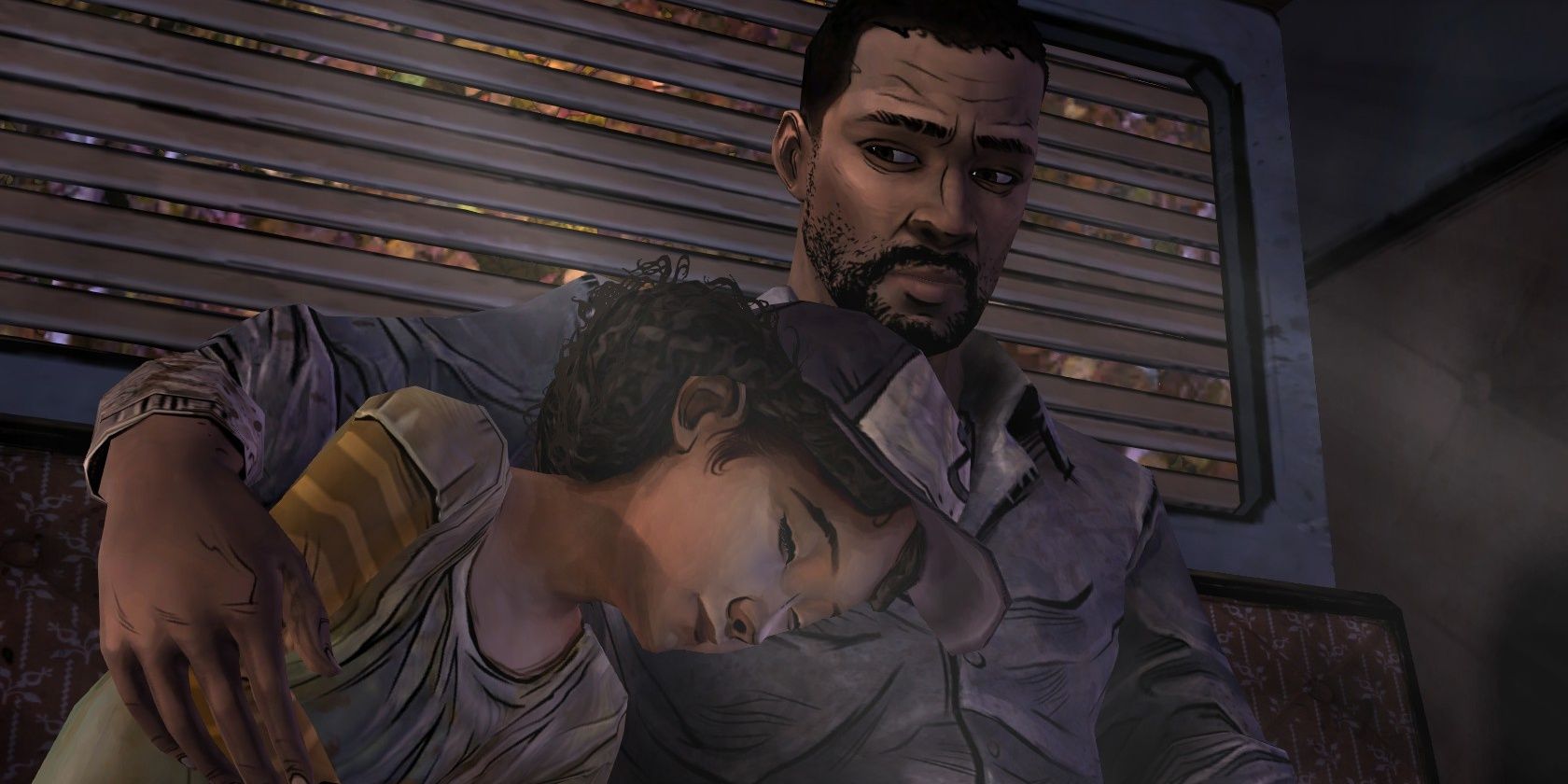 Clementine leaning against Lee in The Walking Dead