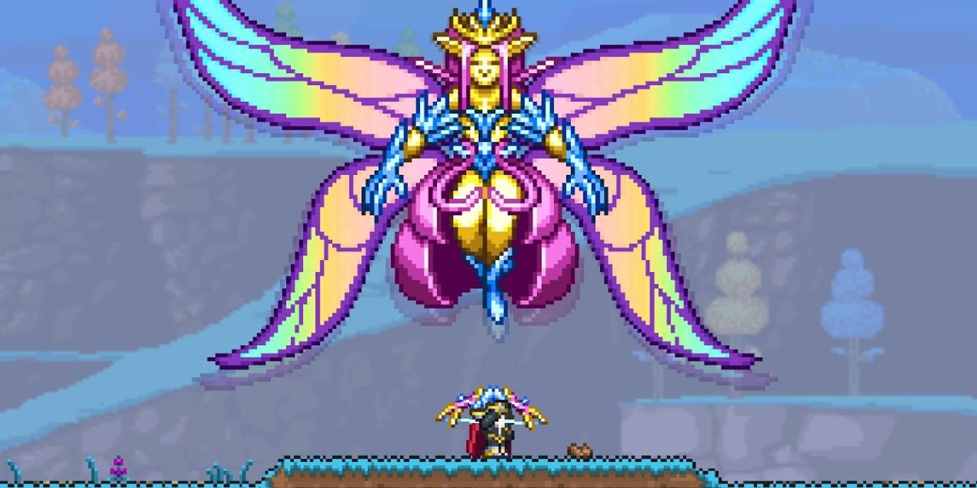 Terraria Player Holding Eventide Bow Standing Beneath The Empress of Light During The Day In The Hallow