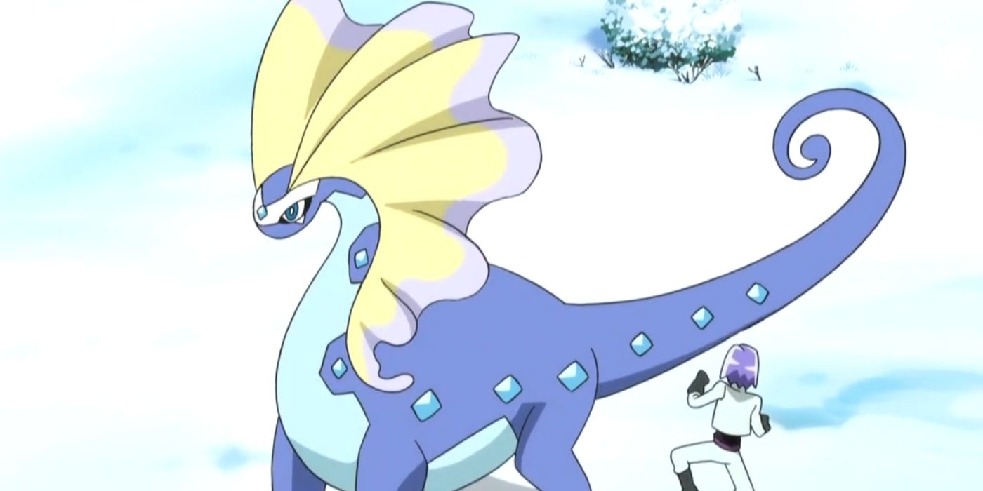 Aurorus with James in the snow in Pokemon anime