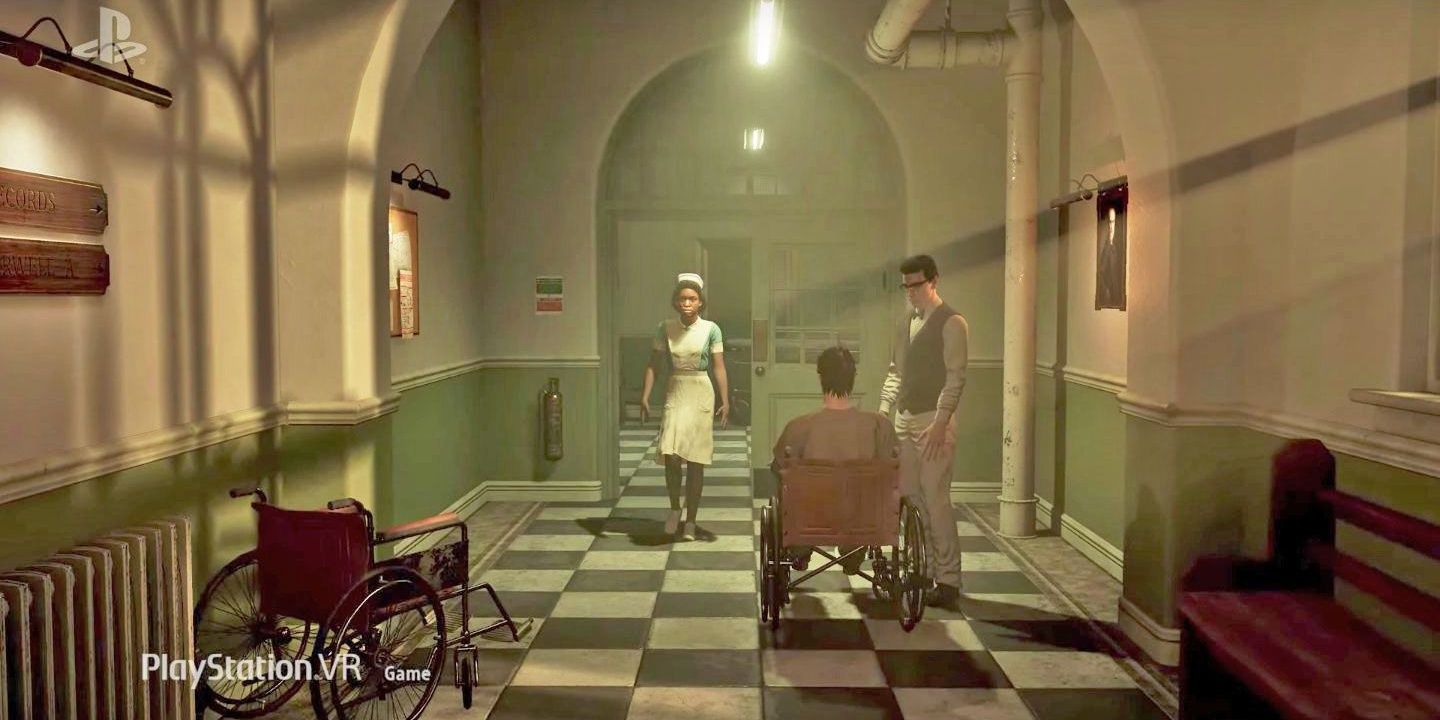 A man in a wheelchair and a Nurse in a hospital hallway