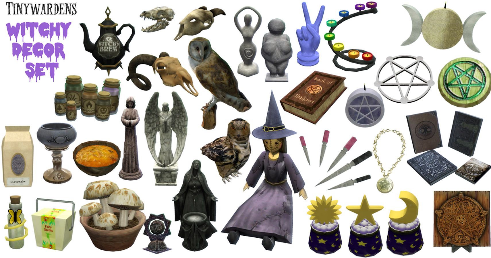 A large selection of witch themed objects including books, statues and potions.