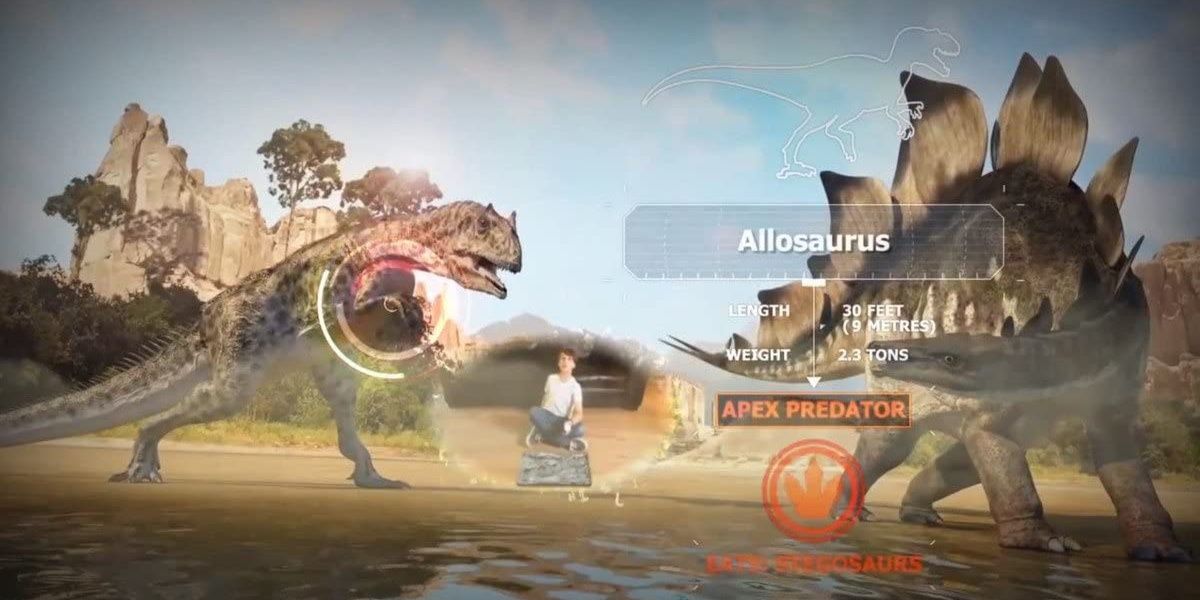 Two dinosaurs fight in a pond while a child sits between them