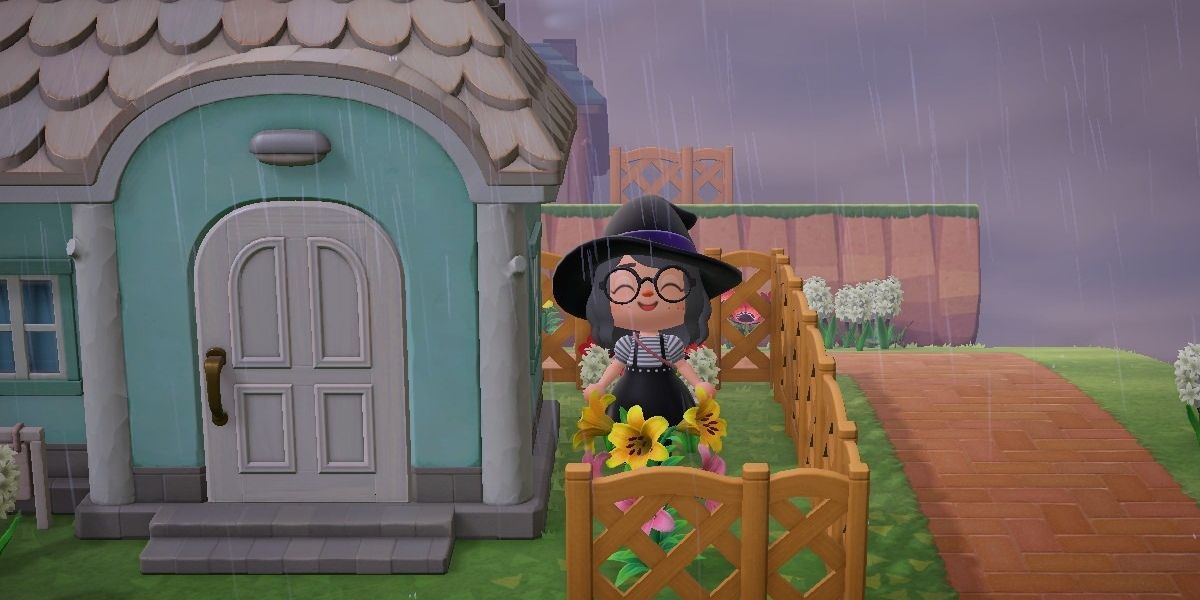 Witchy villager in a garden outside her home.