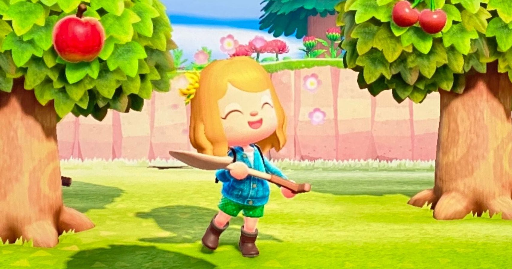 The main character of Animal Crossing: New Horizons standing in between trees.