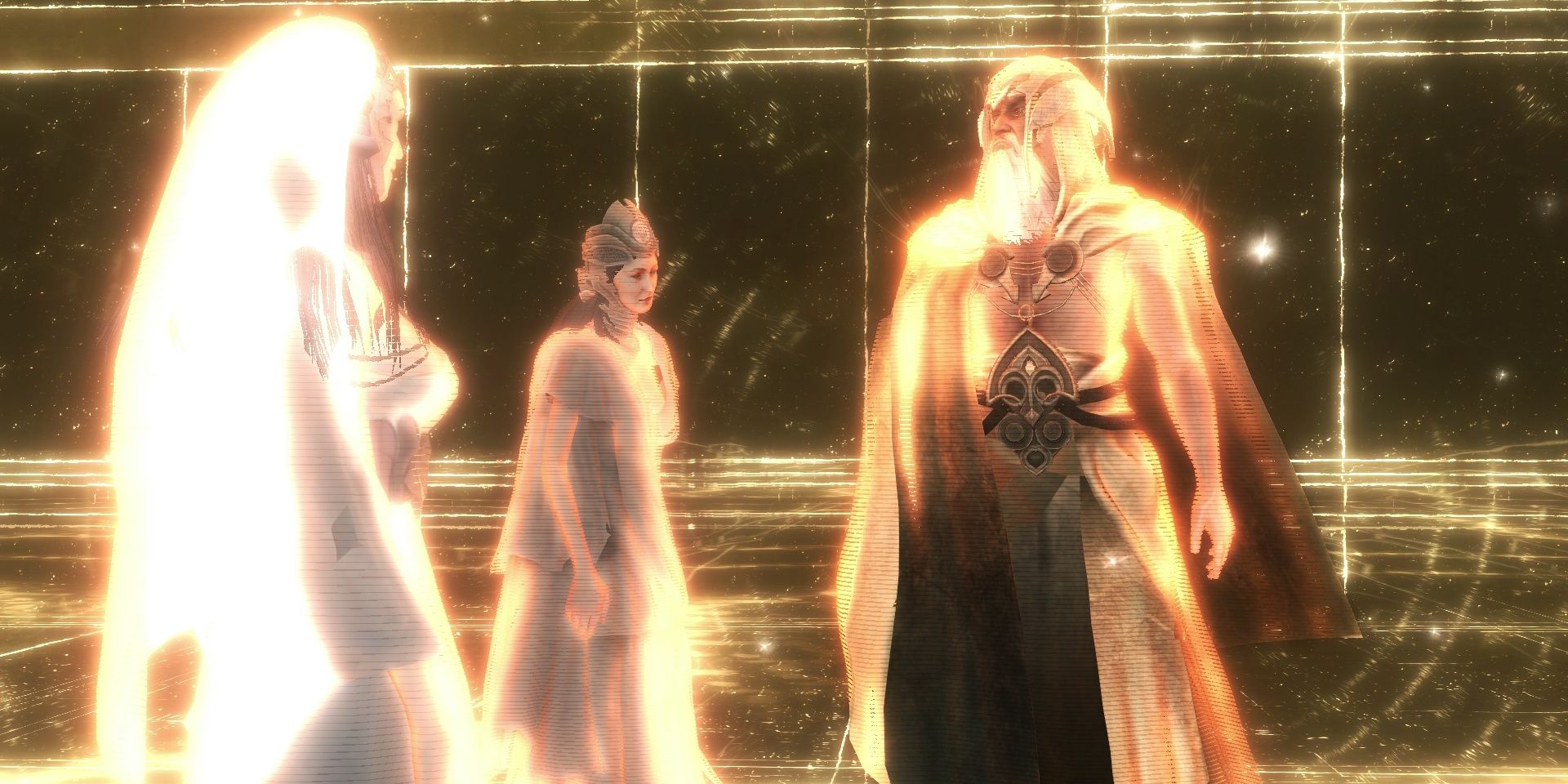 A cut scene in Assassin's Creed featuring Isu holograms conversing in a golden light-filled area.