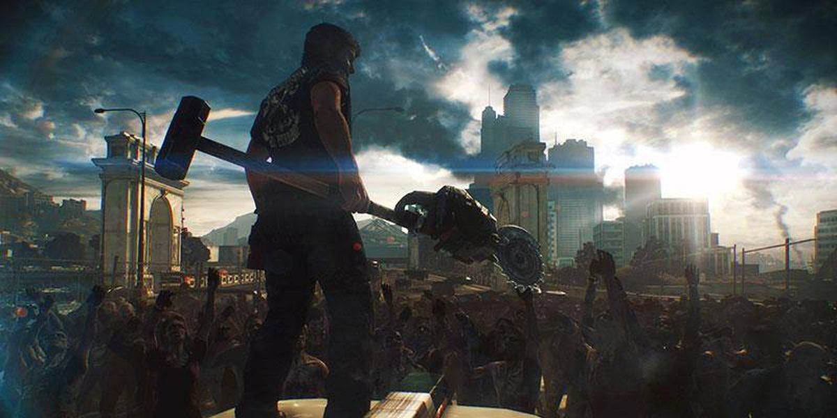 A horde of Zombies in a dramatic cityscape face off against the chainsaw-wielding hero