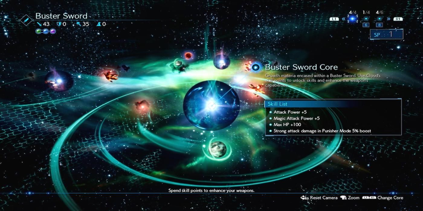 Final Fantasy 7 Remake Buster Sword skill tree, with many other nodes glowing in different colours
