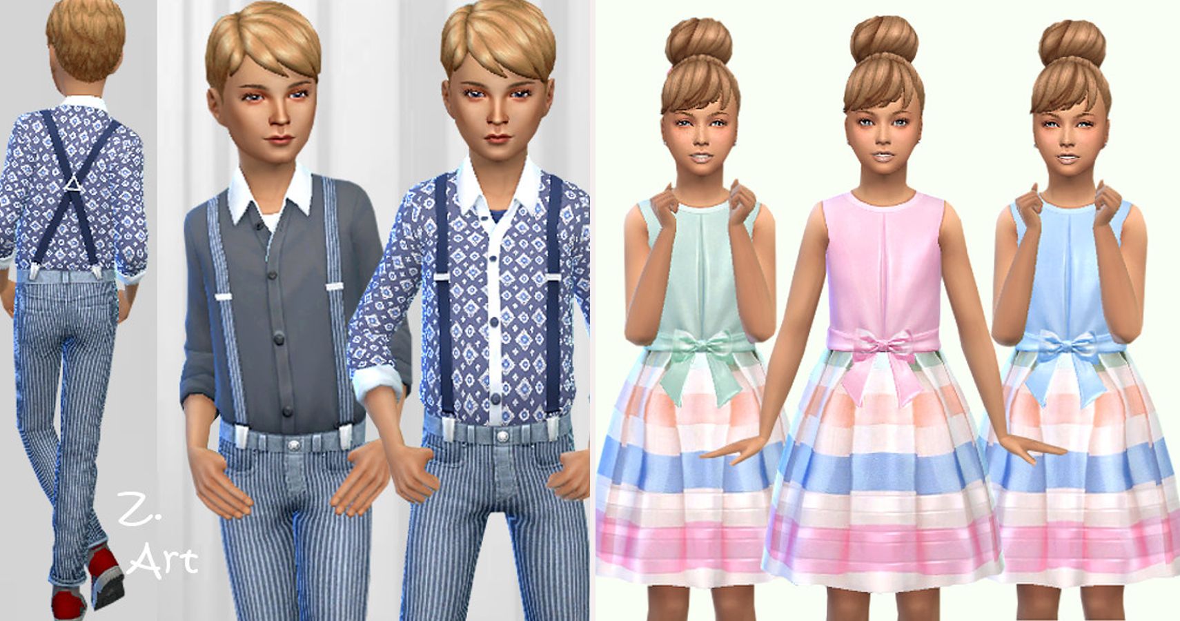 Left side 3 male sim children in colored t-shirts and suspenders. Right side 3 female children sims in pastel dresses.