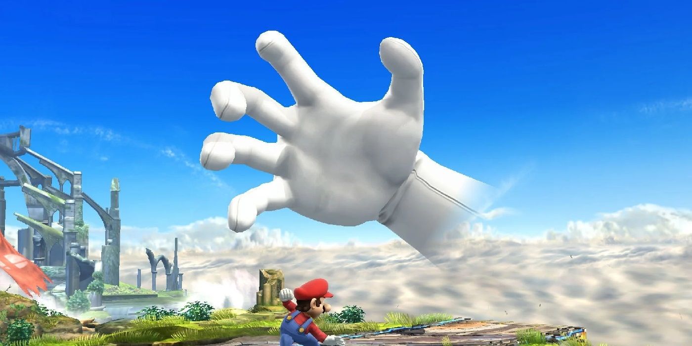 A screenshot of the Master Hand about to grab Mario.