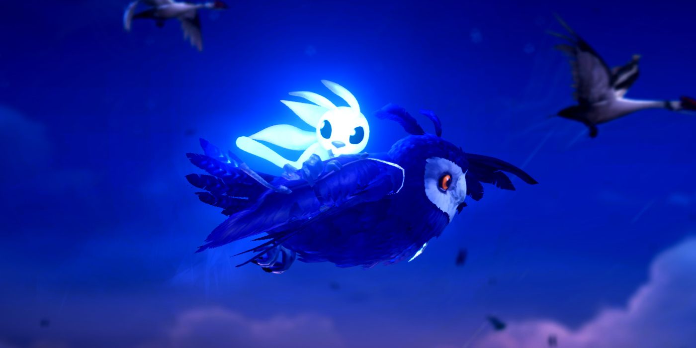 Ori riding on the owl character through the sky