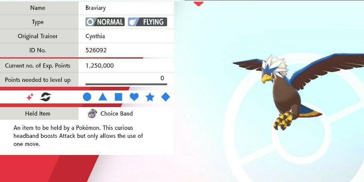 status screen of a Braviary holding a choice band