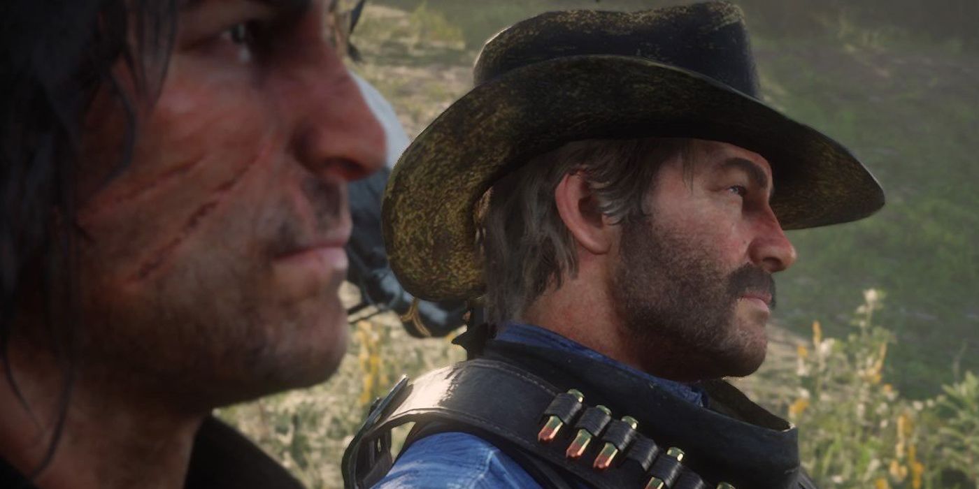 Red Dead Redemption 2 John and Arthur staring off into the distance, remarking about his wolf encounter jokingly.