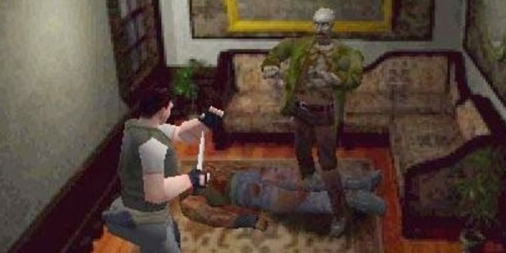 Resident Evil screenshot of Chris with a knife, ready to attack a zombie.