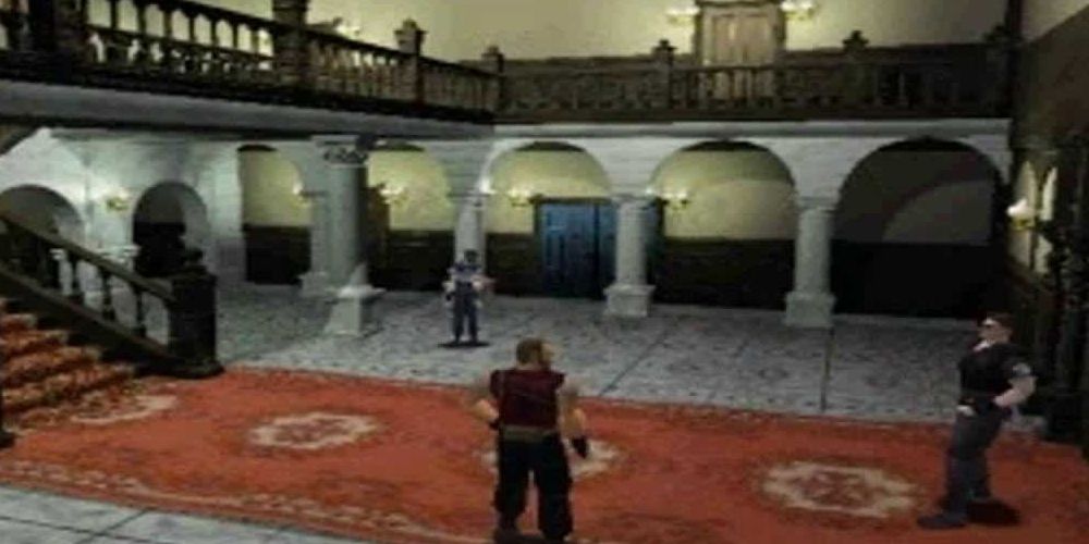 The main characters Jill Valentine, Barry Burton, and Chris Redfield inside the front hall of the Spencer Mansion.