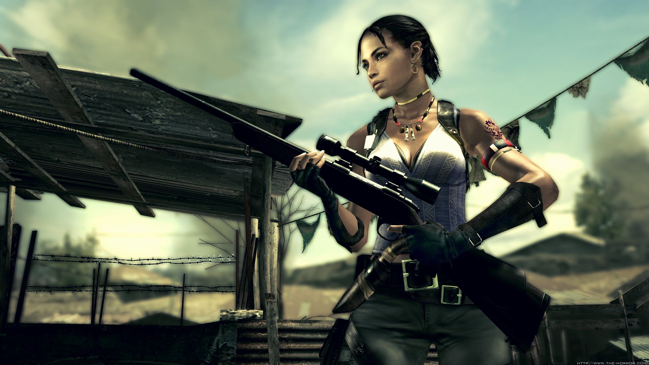 Sheva Alomar with a sniper rifle in Resident Evil 5.