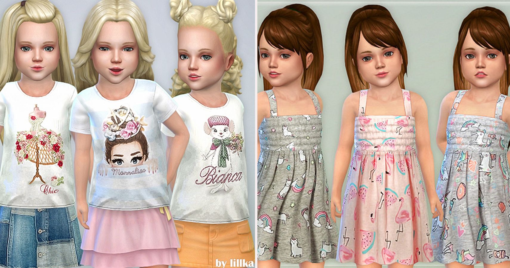 Left side 3 blonde toddlers in logo t-shirts. Right side 3 brunette toddlers in dresses.