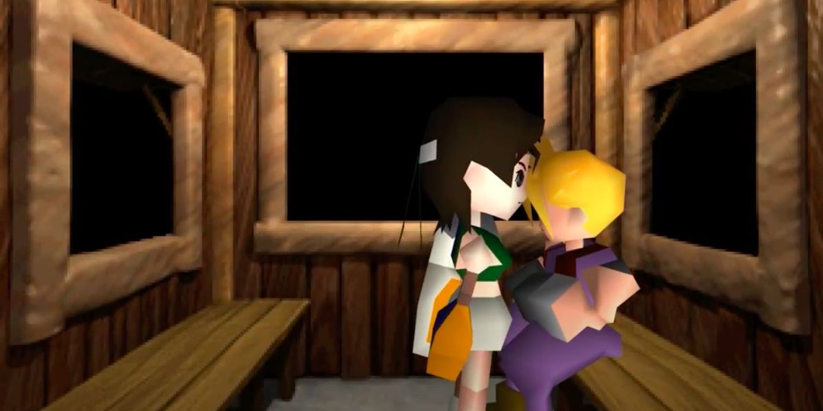 Yuffie and Cloud on an awkward date in the Gold Saucer gondola. Cloud sits sullenly while Yuffie stands next to him, looking out a window.