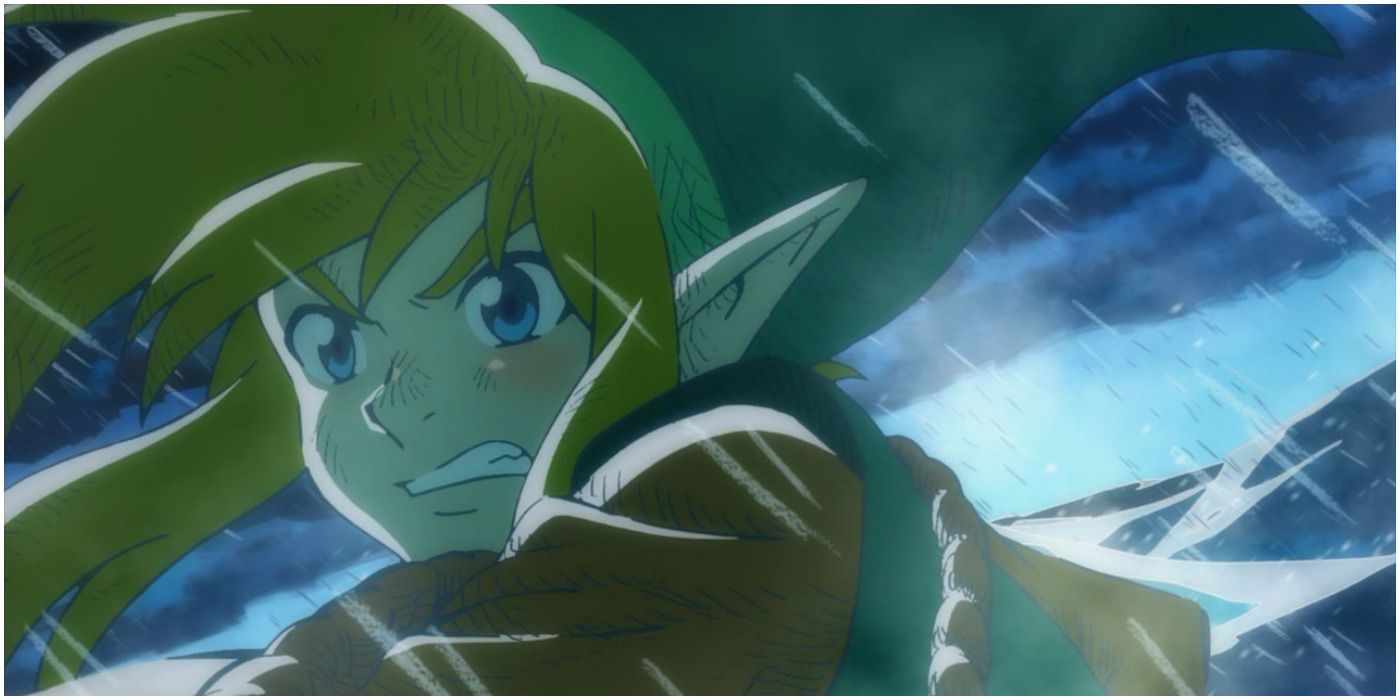 Legend of Zelda Link's Awakening Link in cutscene in stormy waters