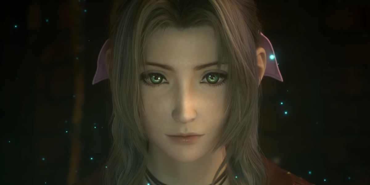 A close up of Aerith, with motes of Mako energy around her.