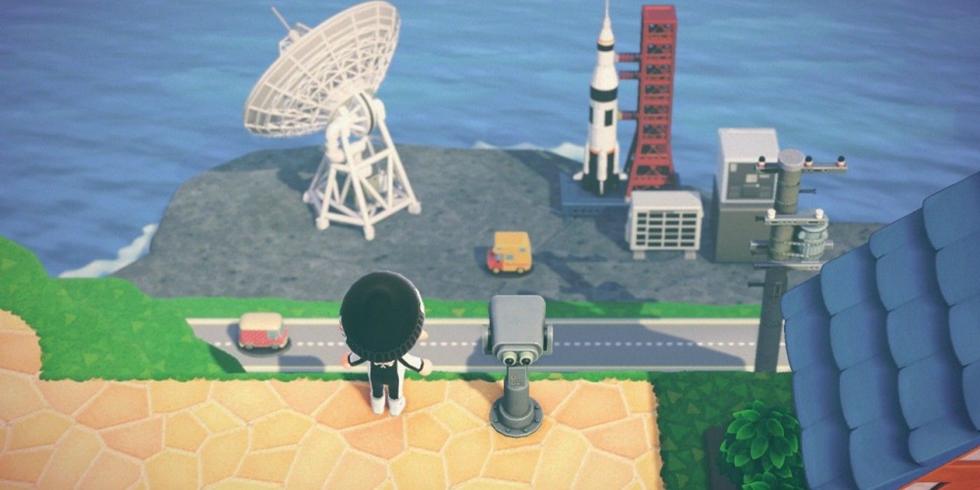 Animal Crossing Forced Perspective looking out at sattelite rocket ship