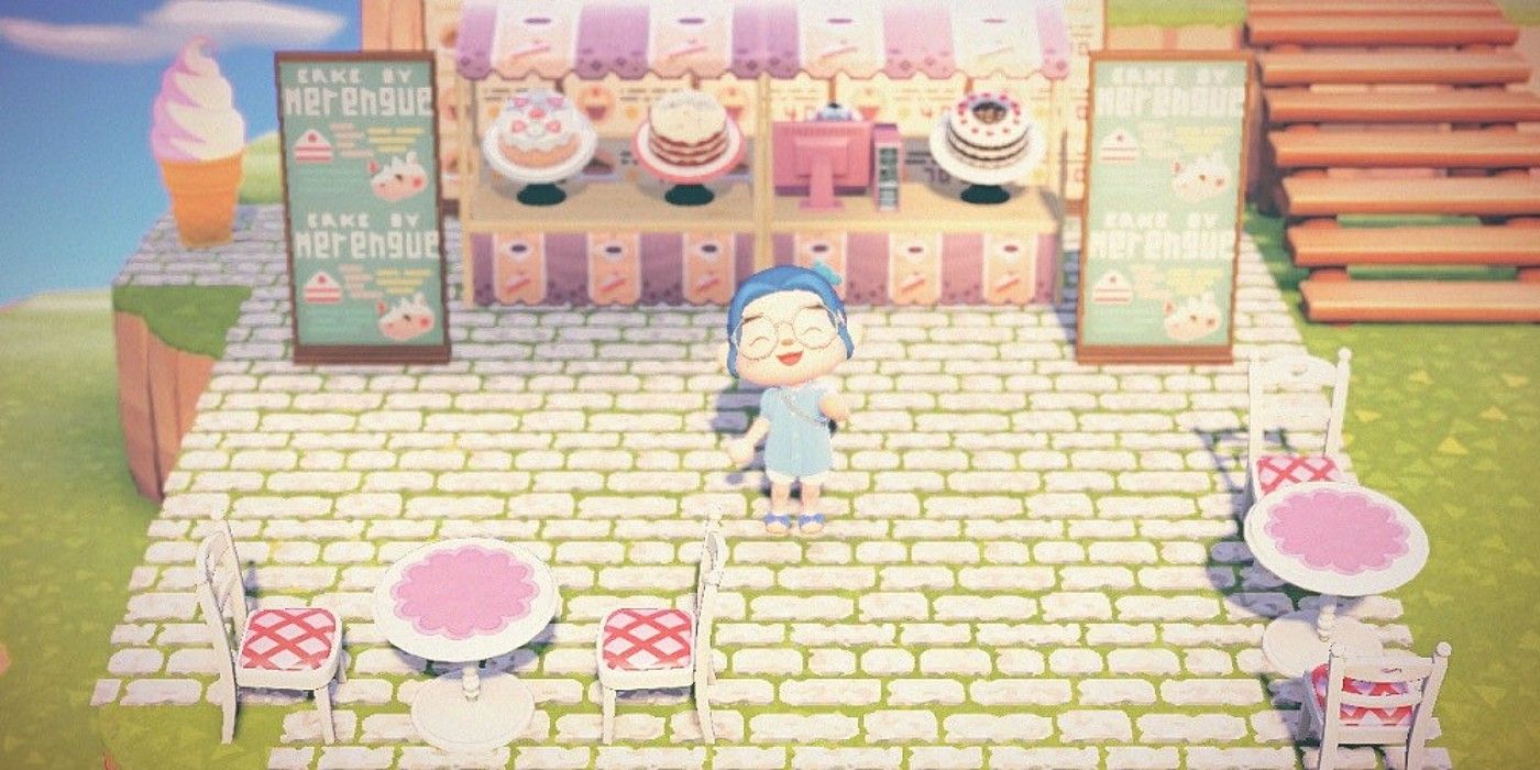 Animal Crossing Merengue Bakery happy villager standing at sign