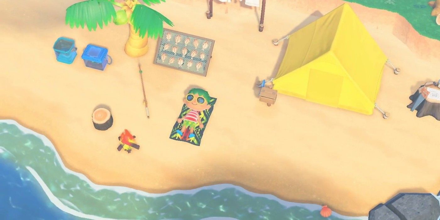 Animal Crossing New Horizons Beachfront tent palm tree lounging