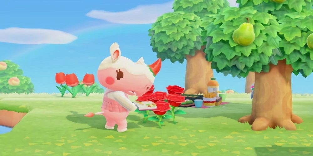 Merengue reading a book outside in Animal Crossing New Horizons.