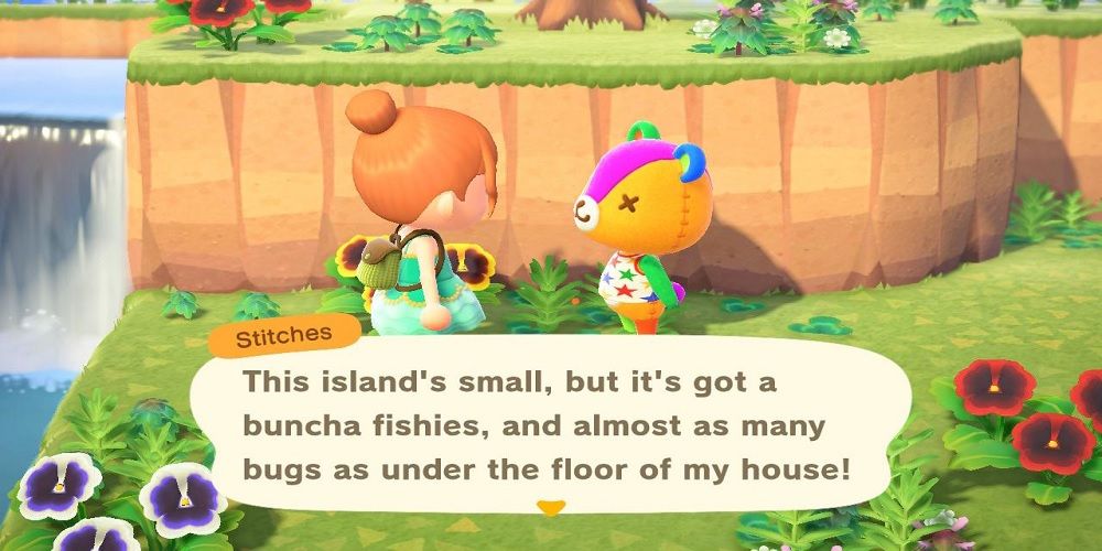 Animal Crossing New Horizons Stitches talking to the player by a cliff