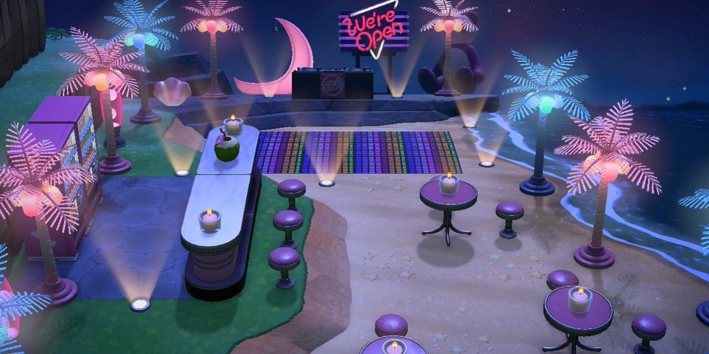 Animal Crossing New Horizons festive outdoor tropical bar at night