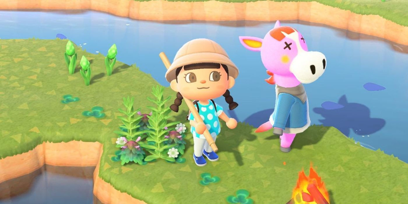 Animal Crossing Peaches standing by the player next to a river