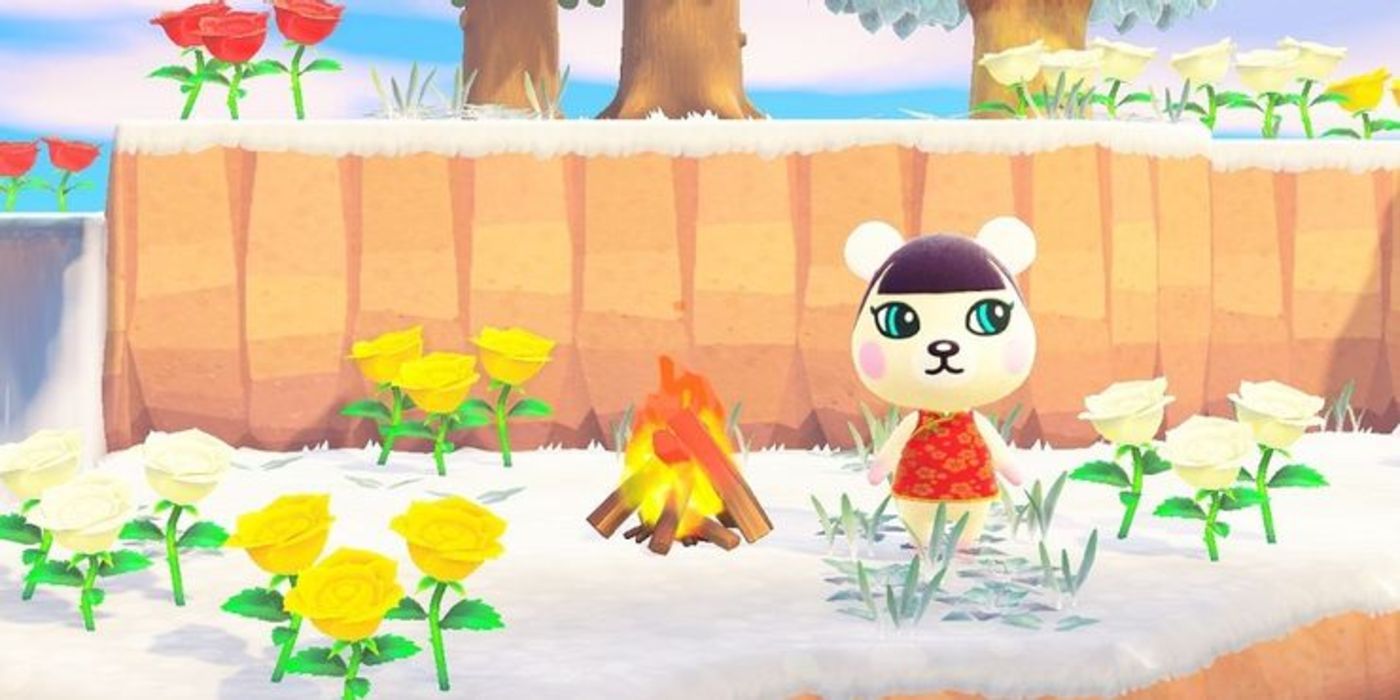 Pekoe next to a fire on a mystery island in Animal Crossing: New Horizons