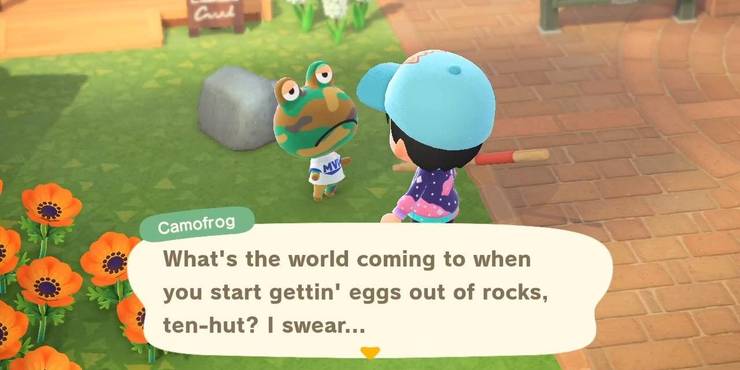 Camofrog speaking to a player in Animal Crossing New Horizons