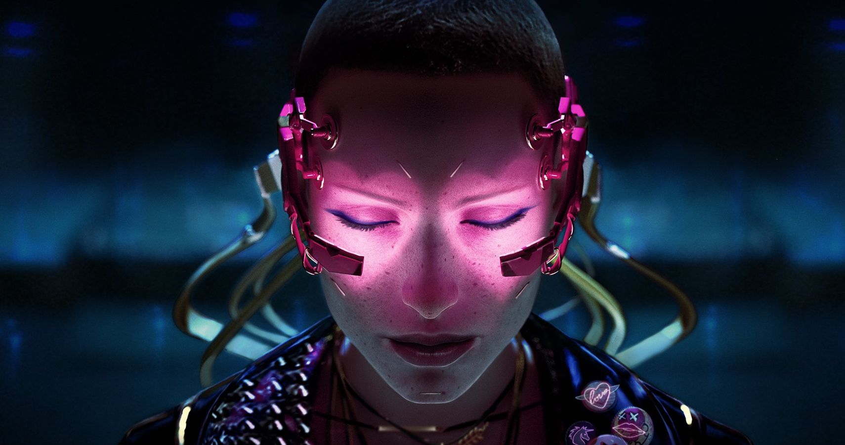 A close up of a characters face with a headset on with glowing red lights.