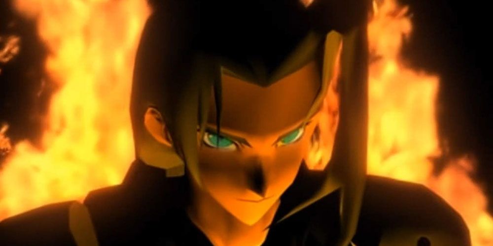 Screenshot of Sephiroth in Final Fantasy 7 with flames behind him.