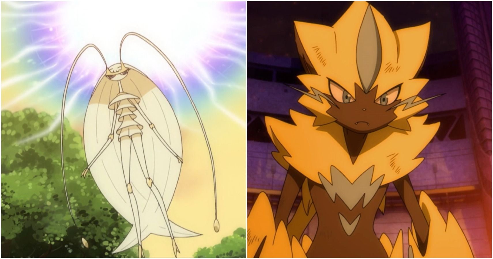 A split image of Pheromosa and Zeraora in Pokemon.