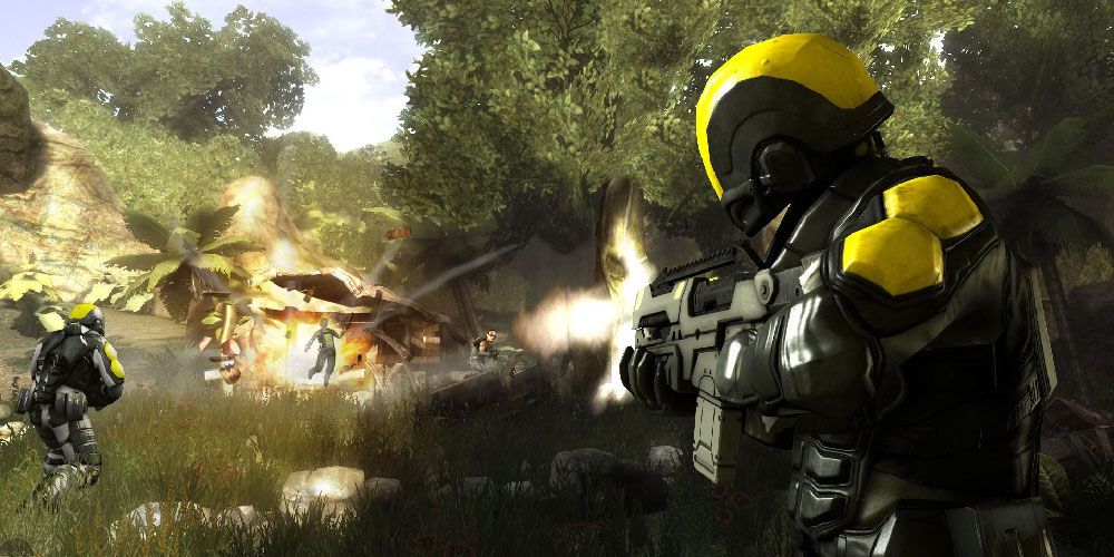 Soldier shooting at an explosion in Haze.
