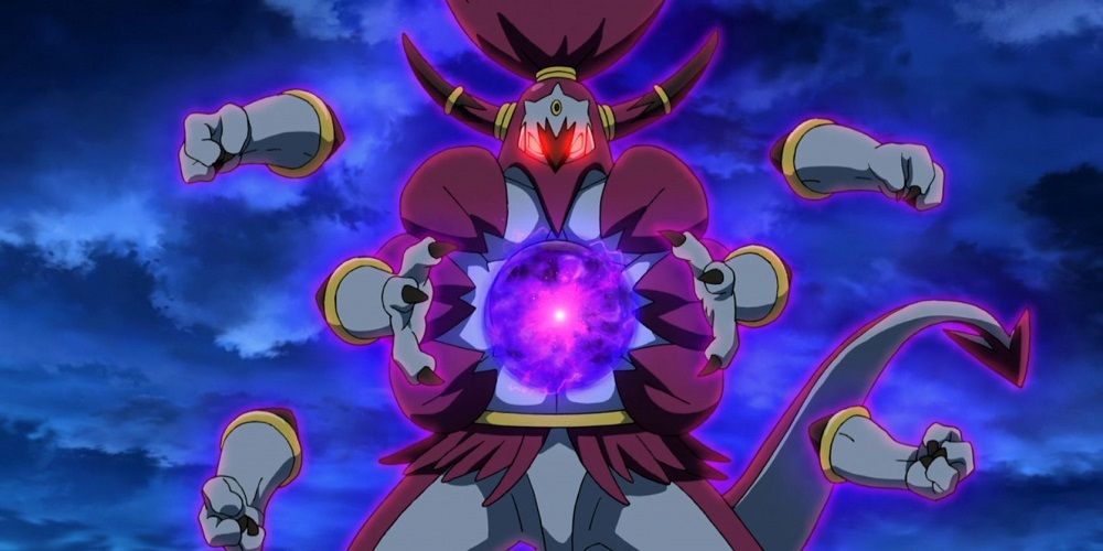 Hoopa Unbound prepares to use a Shadow Ball in the Pokemon anime.