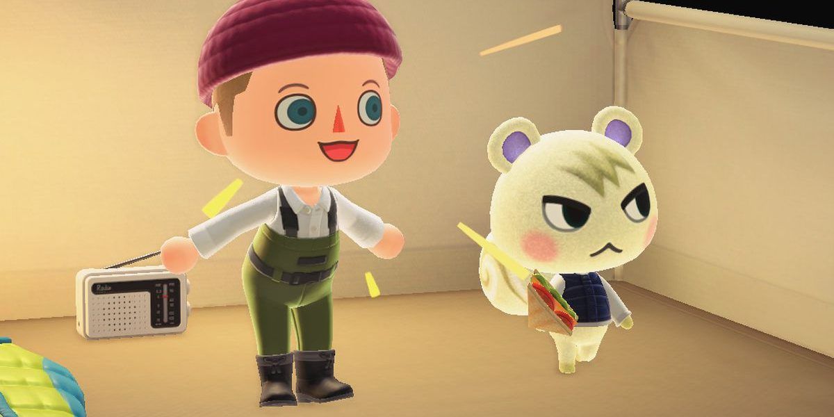 A villager looks very exited as Marshal eats a sandwich