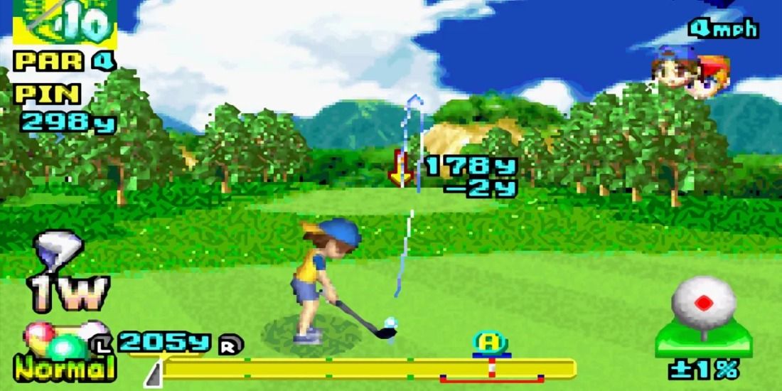 A young boy with a blue hat hits a ball in Mario Golf: Advance Tour for the Game Boy Advance